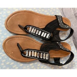 Pierre Dumas Sandals 9M‎ Thong Gladiator Style Black Elastic Rhinestone Accents